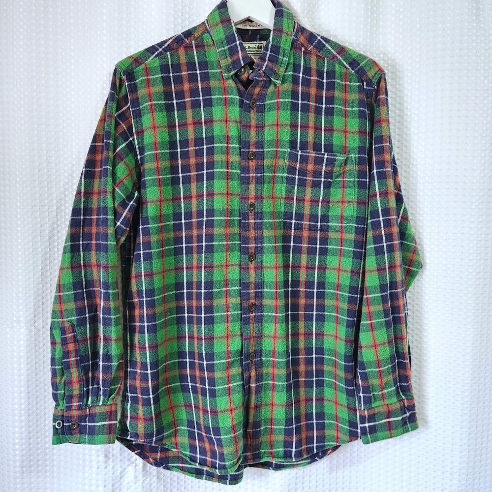 LLBean Plaid Flannel Shirt Small Graphic Back Woman With Fan Traditional Fit